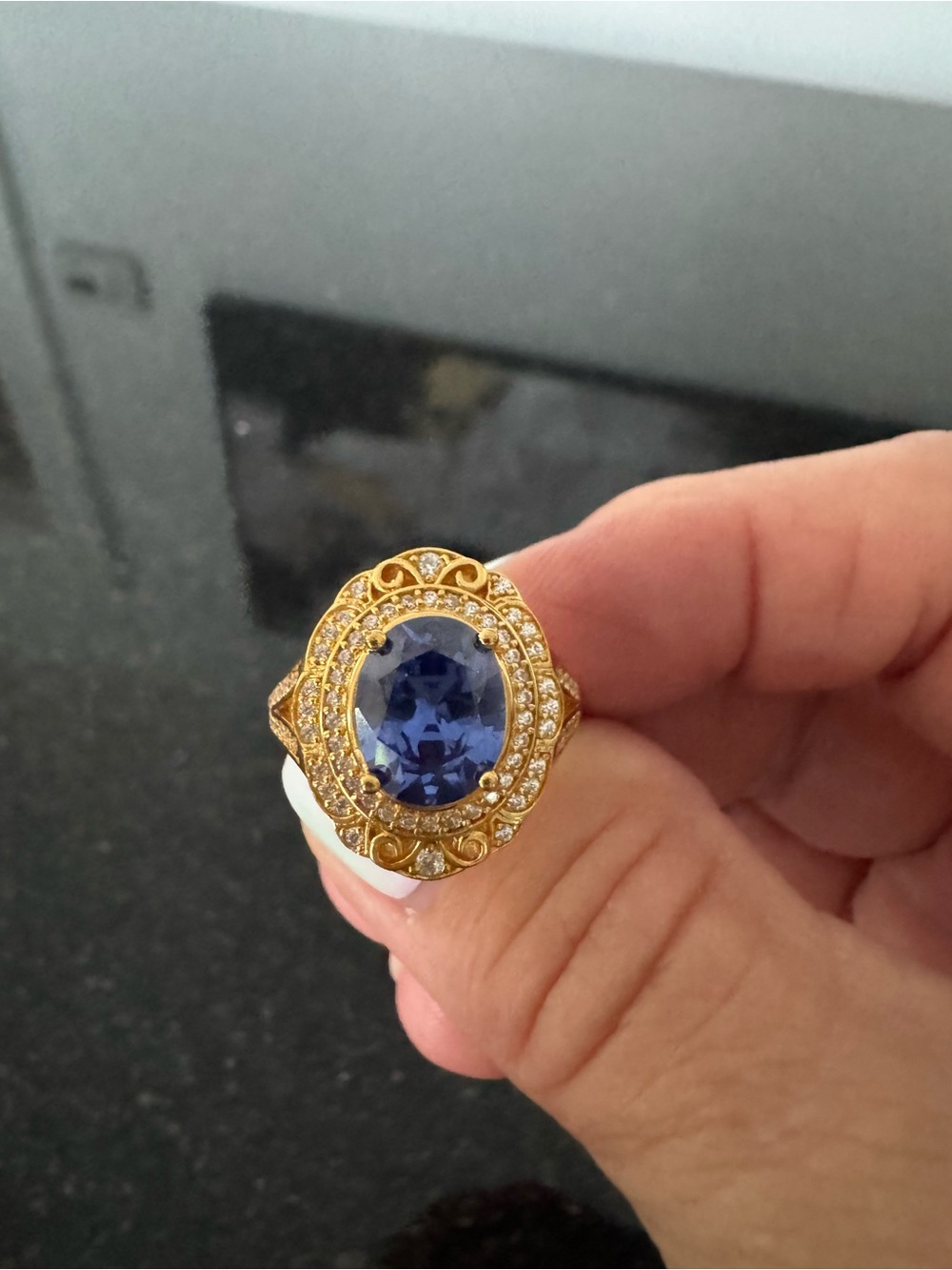 Gold-Tone Blue Crystal Oval Cocktail Ring - Unbranded